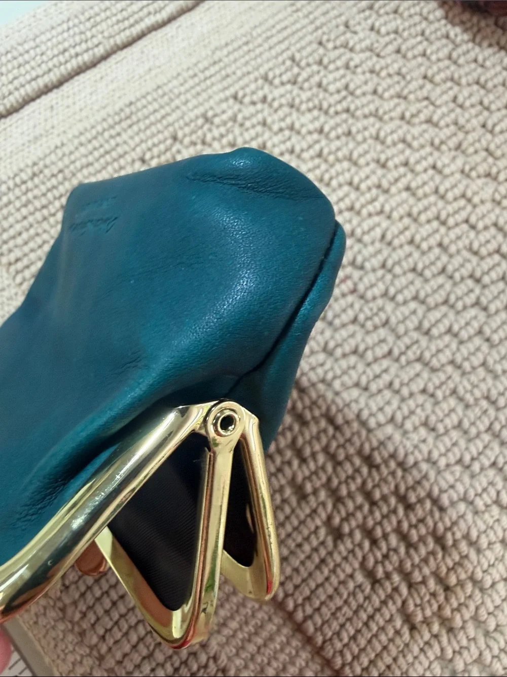 Teal Leather Frame-Clasp Coin Purse with Gold Trim
